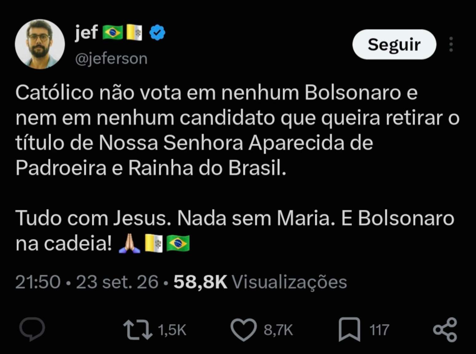 Publicação do influenciador Jeferson de Oliveira Monteiro, autor da perfil governista 'Dilma Bolada', foi feita às 21h50 de quarta-feira, 23