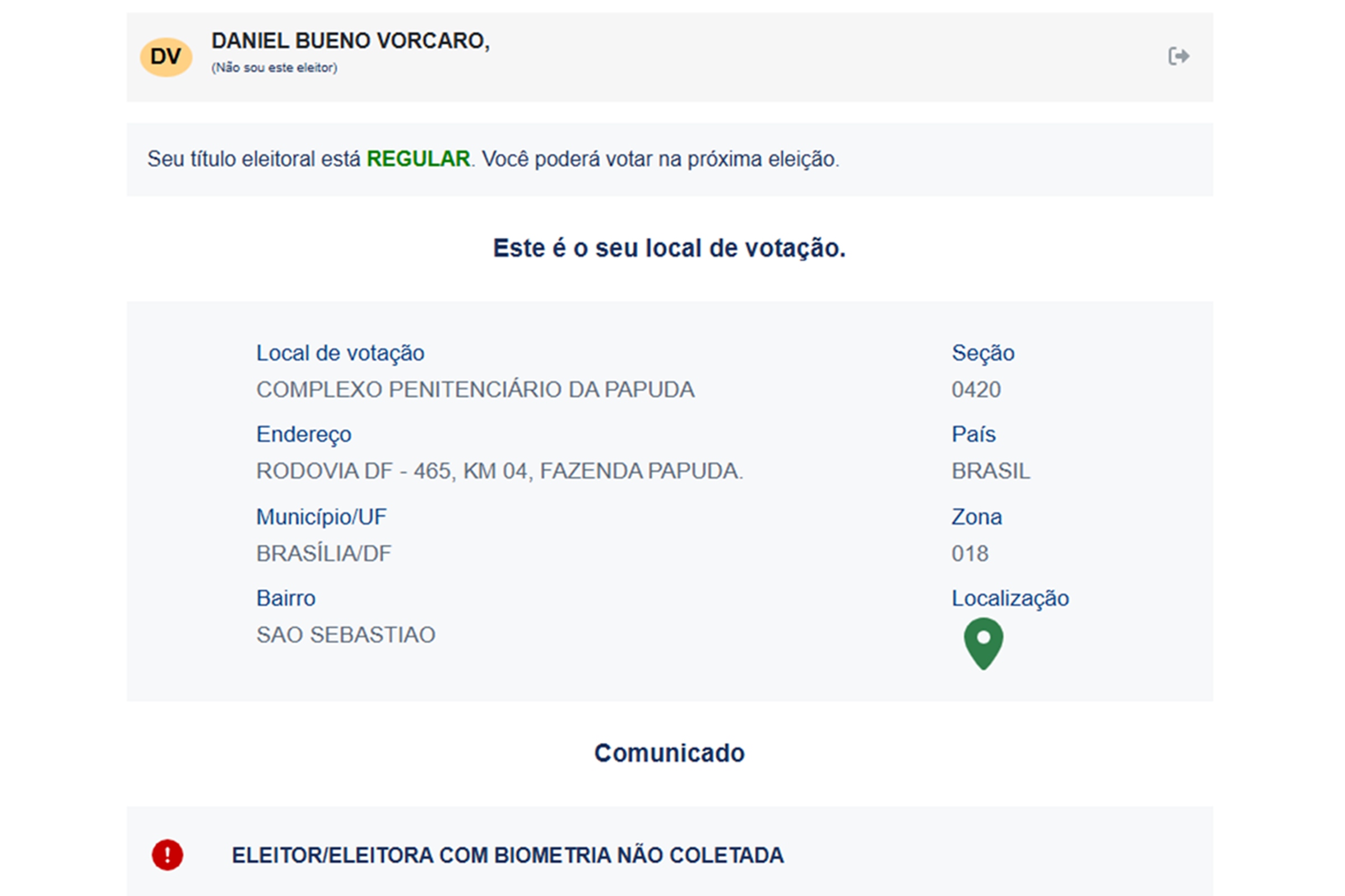 imagem colorida das informações sobre o localde votação de daniel vorcaro
