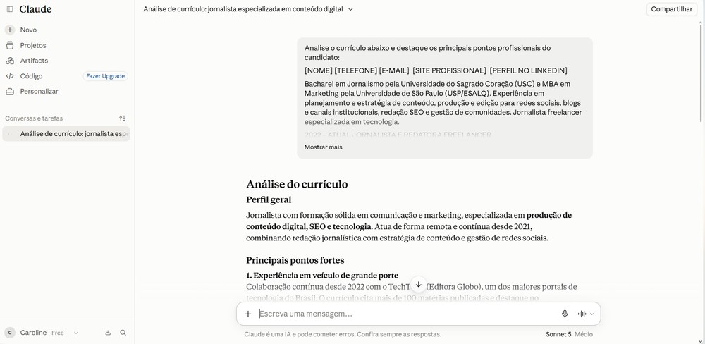 Dados pessoais de terceiros não devem ser compartilhados com o Claude — Foto: Reprodução/Caroline Silvestre