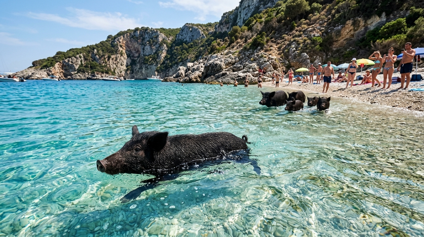 Na ilha grega de Atokos, pessoas e porcos selvagens nadam juntos no mesmo mar: como o lugar funciona e por que o encontro virou atrativo