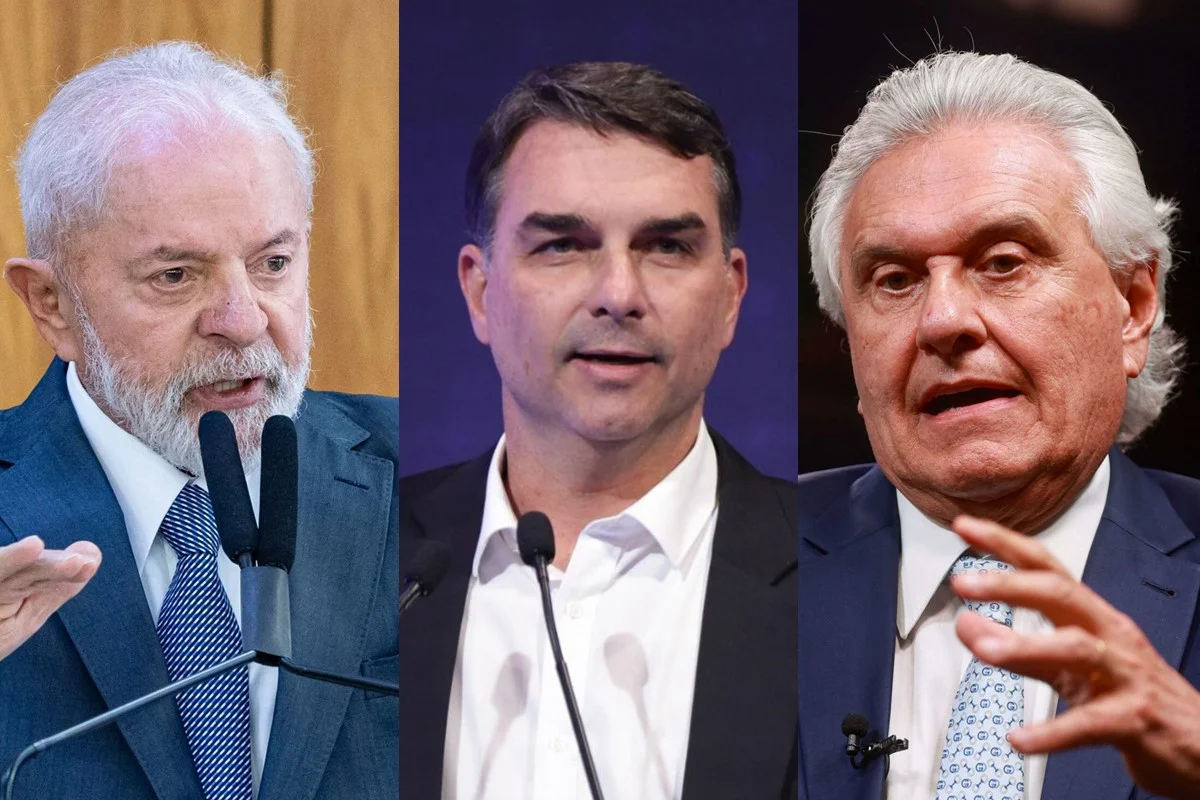 Montagem fotos Lula., Flávio Bolsonaro e Ronaldo Caiado