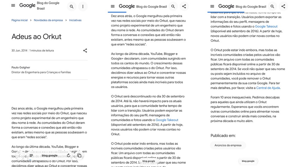 Google anunciou o fim do Orkut meses antes de encerrar a rede social, em setembro de 2014 — Foto: Reprodução/Google