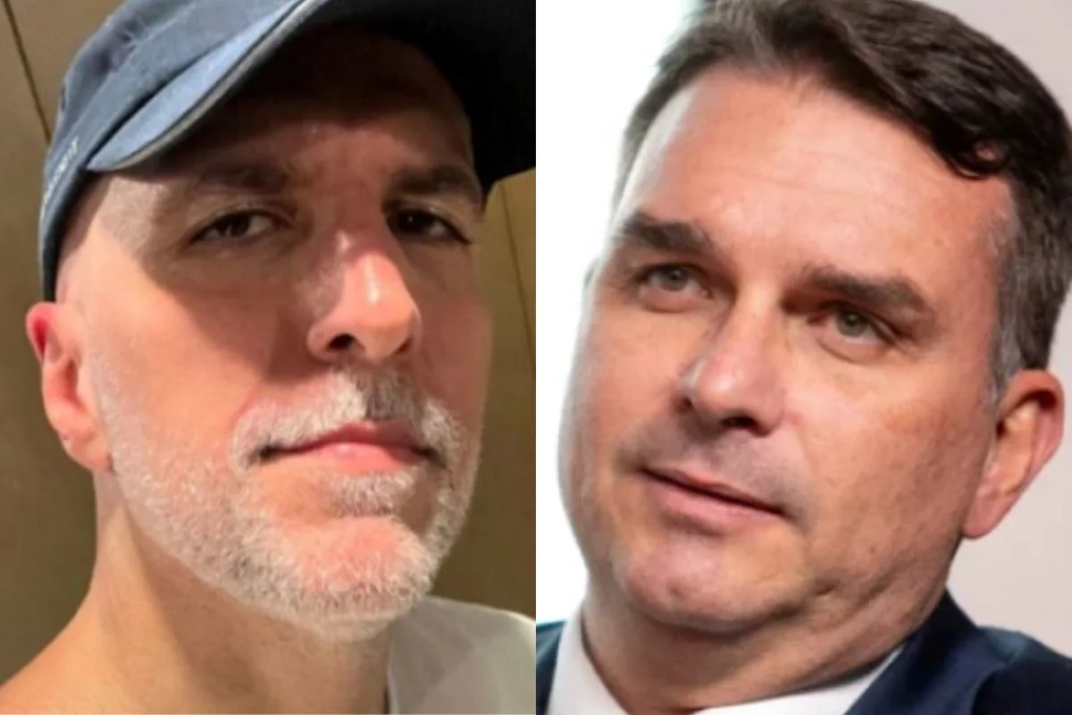 Montagem com fotos coloridas do ator e humorista Antonio Tabet e Flávio Bolsonaro - Metrópoles