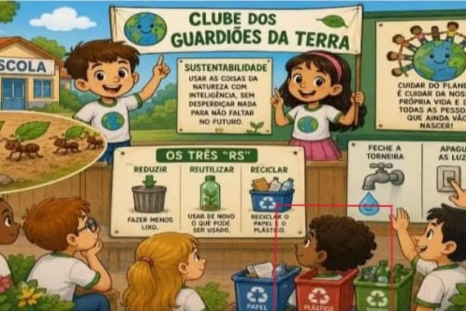 Atividade distribuída pela Prefeitura de Itapecerica da Serra a alunos do 3º ano mostra menino negro dentro de lixeira em ilustração.