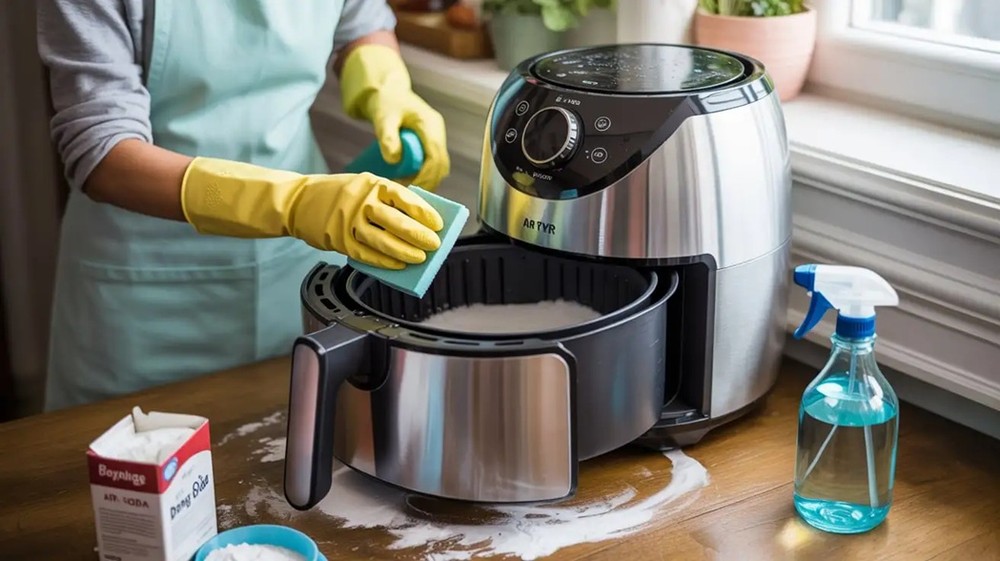 Um dos métodos mais simples e eficientes para iniciar a limpeza da air fryer é deixar a cesta e a bandeja de molho em água morna — Foto: Reprodução/Redes Sociais