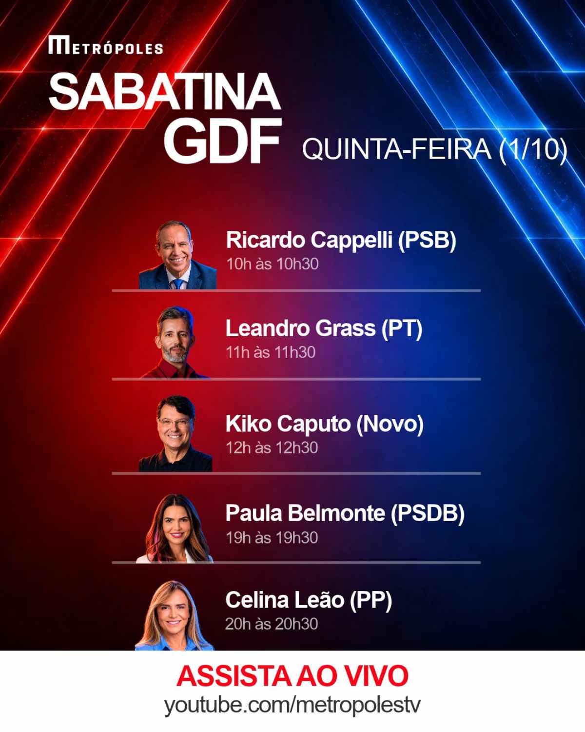 Horário das sabatinas do Metrópoles com candidatos ao GDF