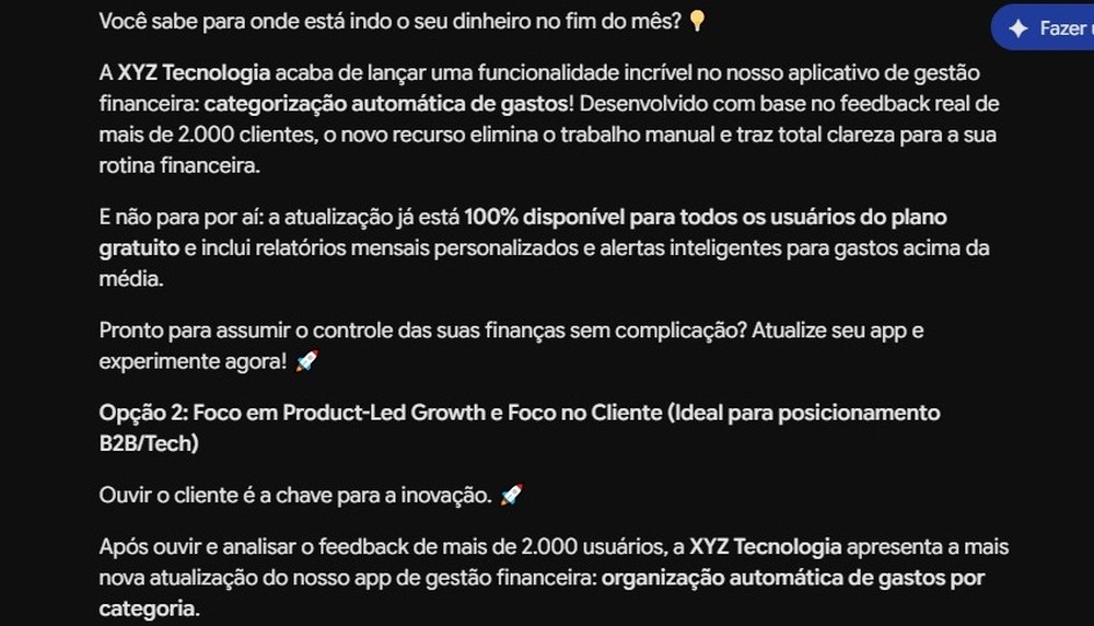 Texto para LinkedIn estruturado pelo Gemini — Foto: Diedrich Bader/TechTudo