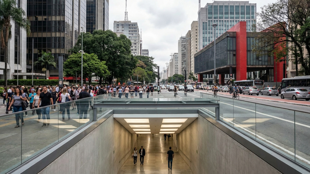 Um túnel de 50 metros foi escavado debaixo da Avenida Paulista para unir dois prédios de um museu sem interromper a cidade acima, três claraboias permitem enxergar os pedestres na superfície