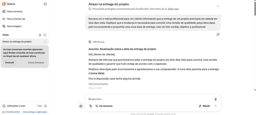 Modelo de email feito pelo Duck.ai — Foto: Captura de tela / Eduarda Melo