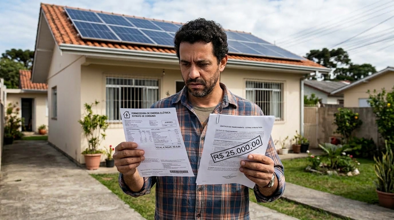 Família instala energia solar financiada em R$ 25 mil, e a economia prometida encolhe com a cobrança gradual do “fio B” pela Lei 14.300