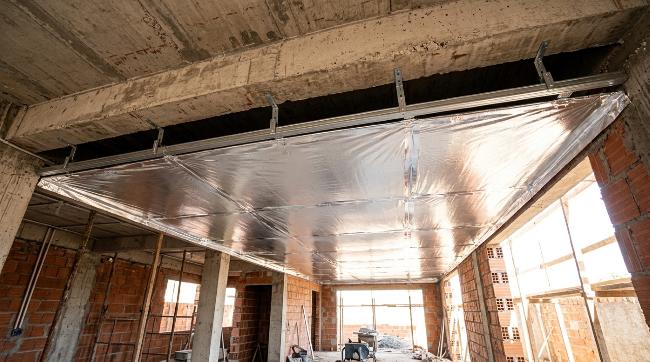 A laje que baixa 6 graus com uma camada de manta aluminizada e caixa de ovo: o ar parado entre as duas camadas é o que isola, a manta precisa ficar com a face brilhante para cima, e o custo fica em torno de R$ 18 por metro quadrado
